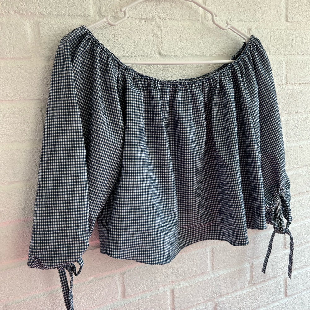 ZARA gingham cropped puff sleeve tie sleeve off shoulder blouse blue&white XS - Picture 4 of 7